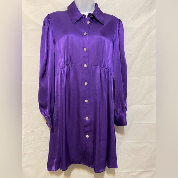 Zara Purple Satin Effect Jewel Buttoned Mini Dress Size L - Picture 8 of 12